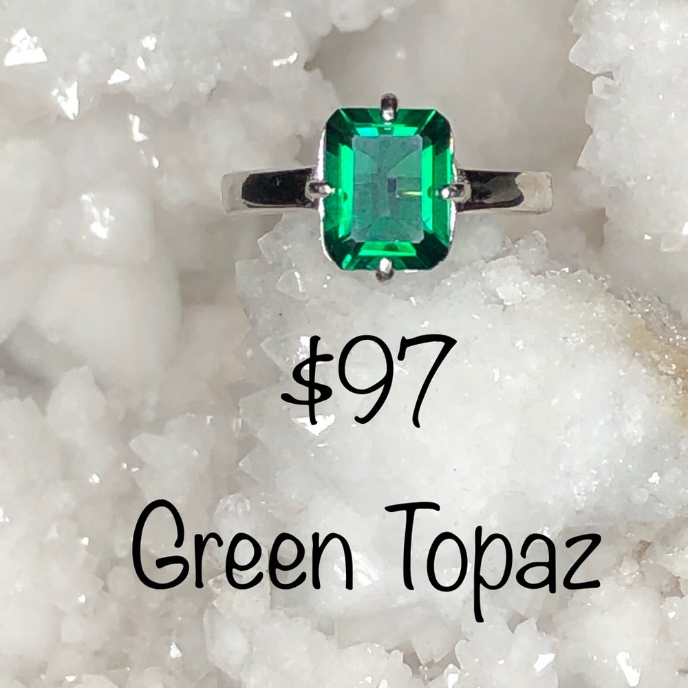 Emerald cut green topaz ring